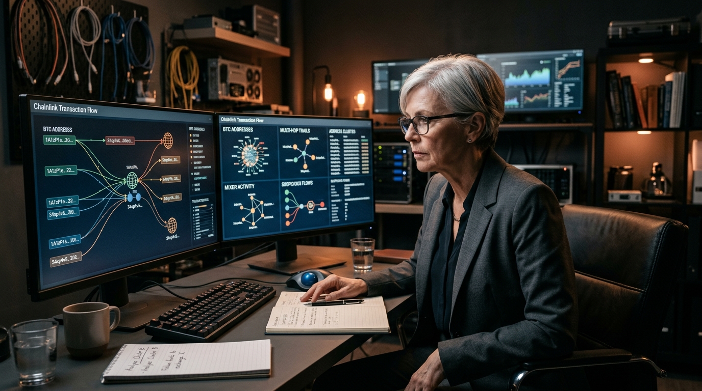 Senior forensic investigator analysing cryptocurrency transaction flow charts on dual displays