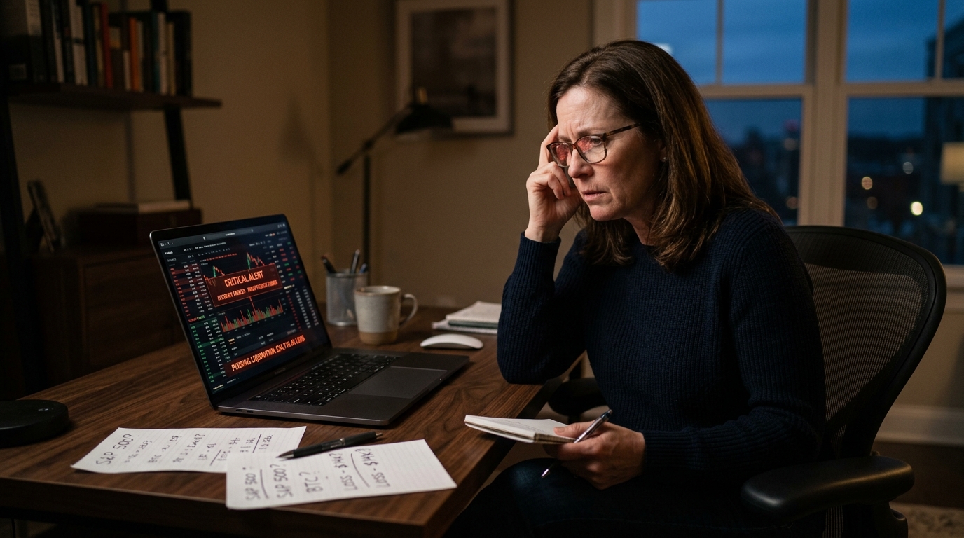 Individual reviewing frozen account withdrawal alerts on a deceptive trading platform