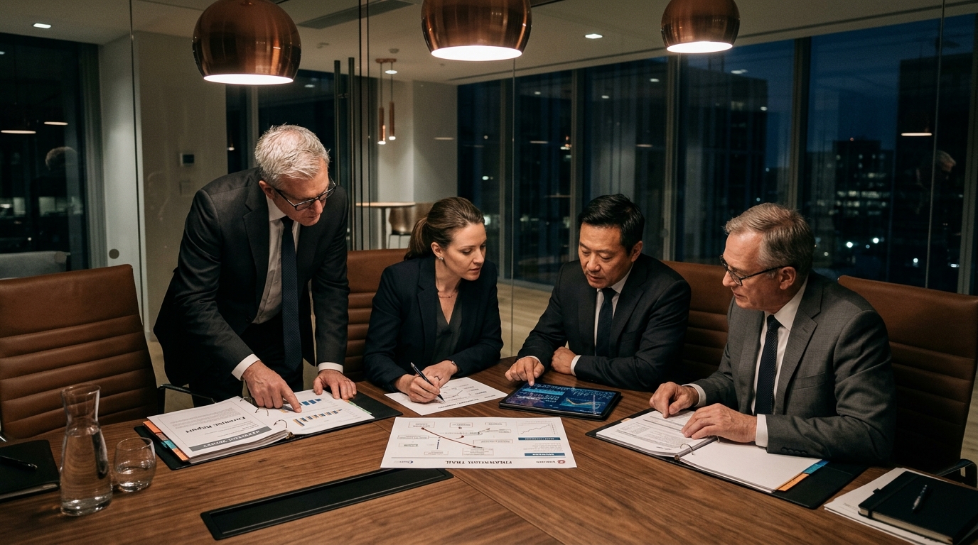 Legal counsel and forensic investigators reviewing case findings and ledger diagrams